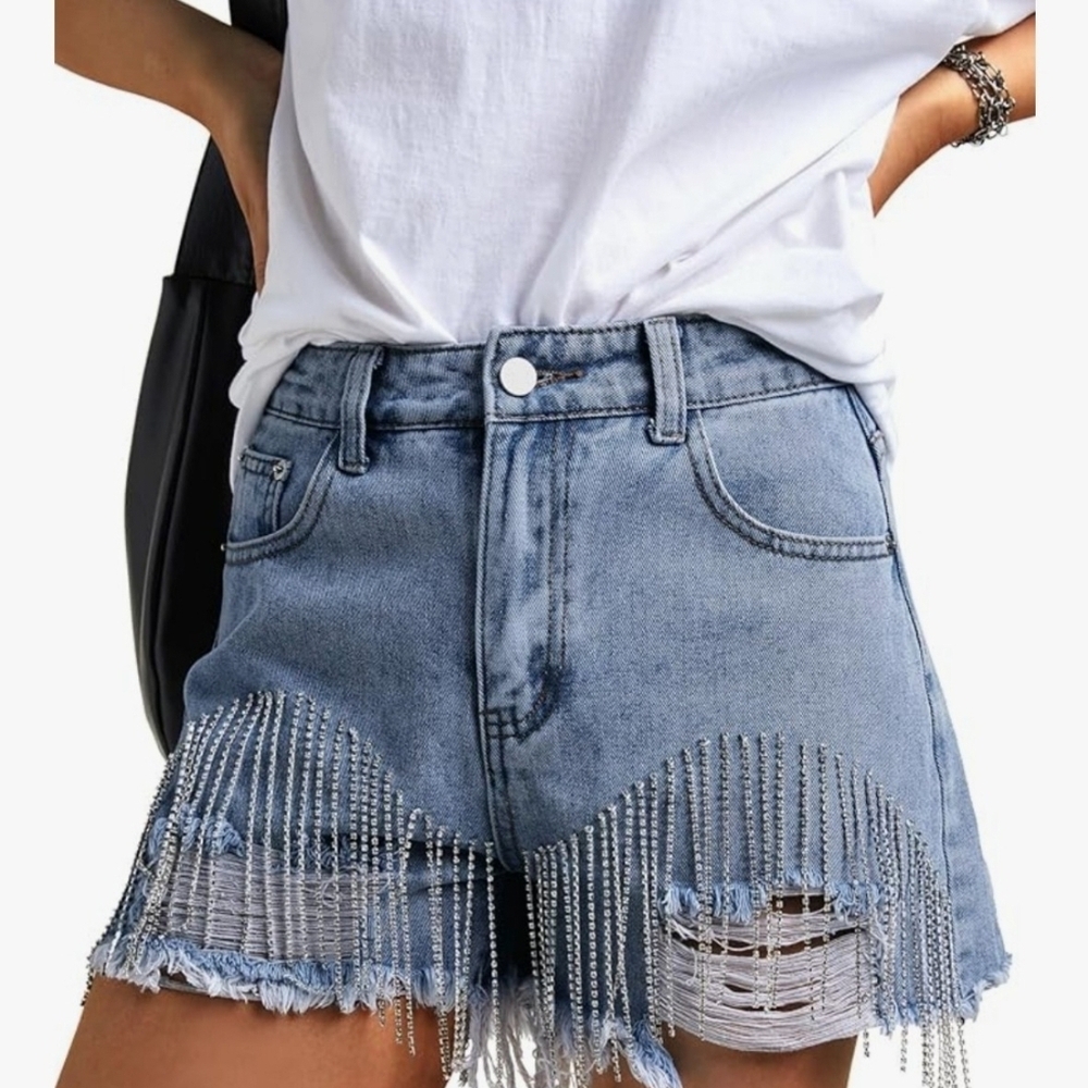 Denim Shorts with Fringe and Rhinestones